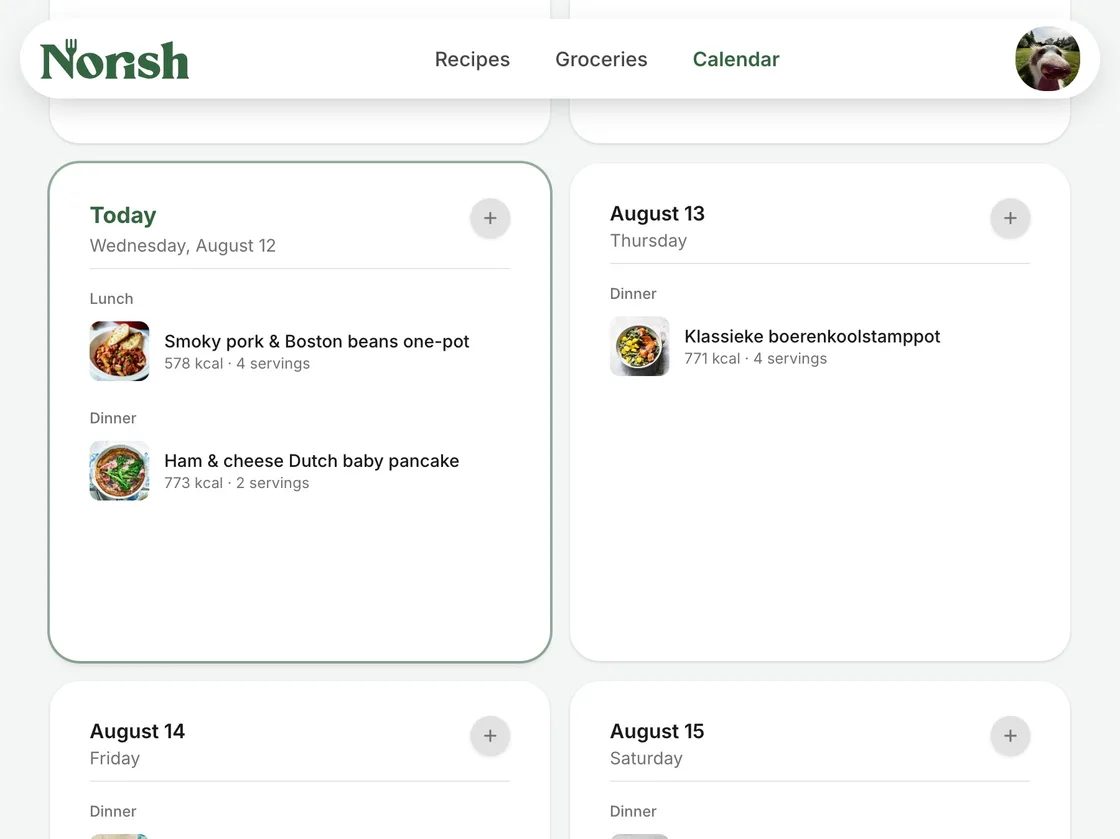 The Norish meal calendar, with planned meals on each day and today picked out