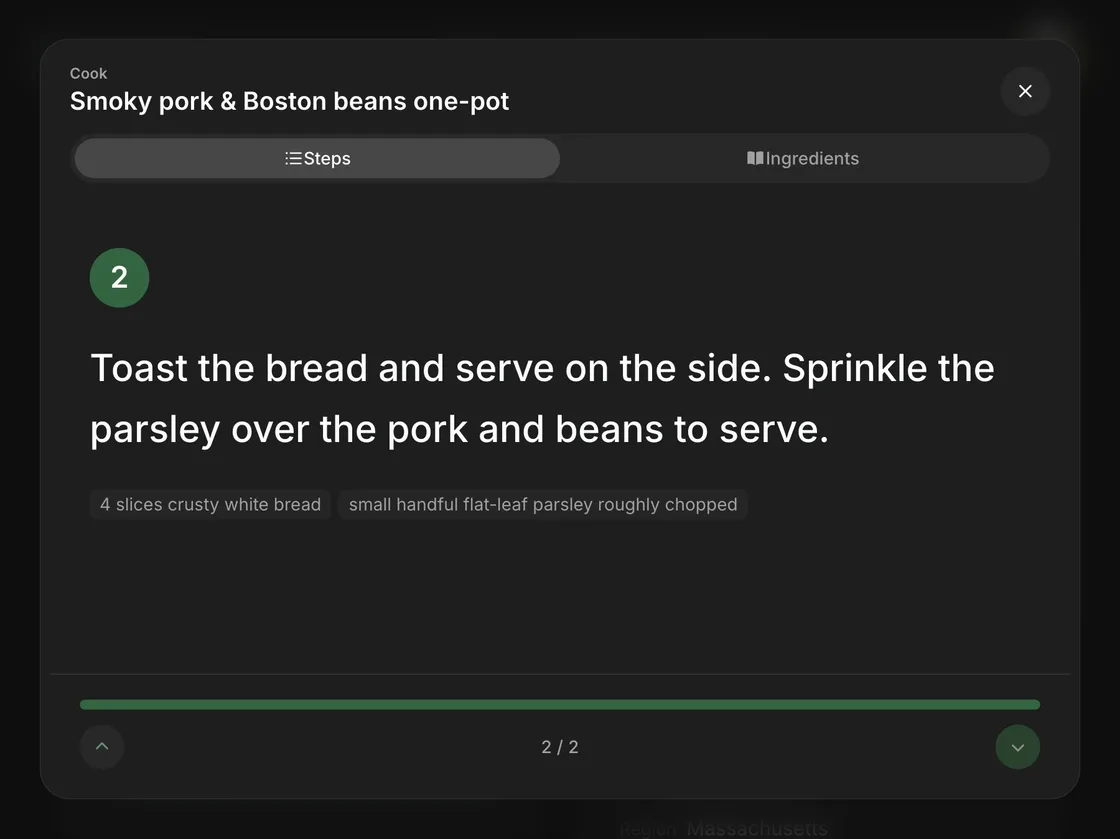 Cooking mode in Norish: one step filling the screen, with the ingredients it uses beneath it