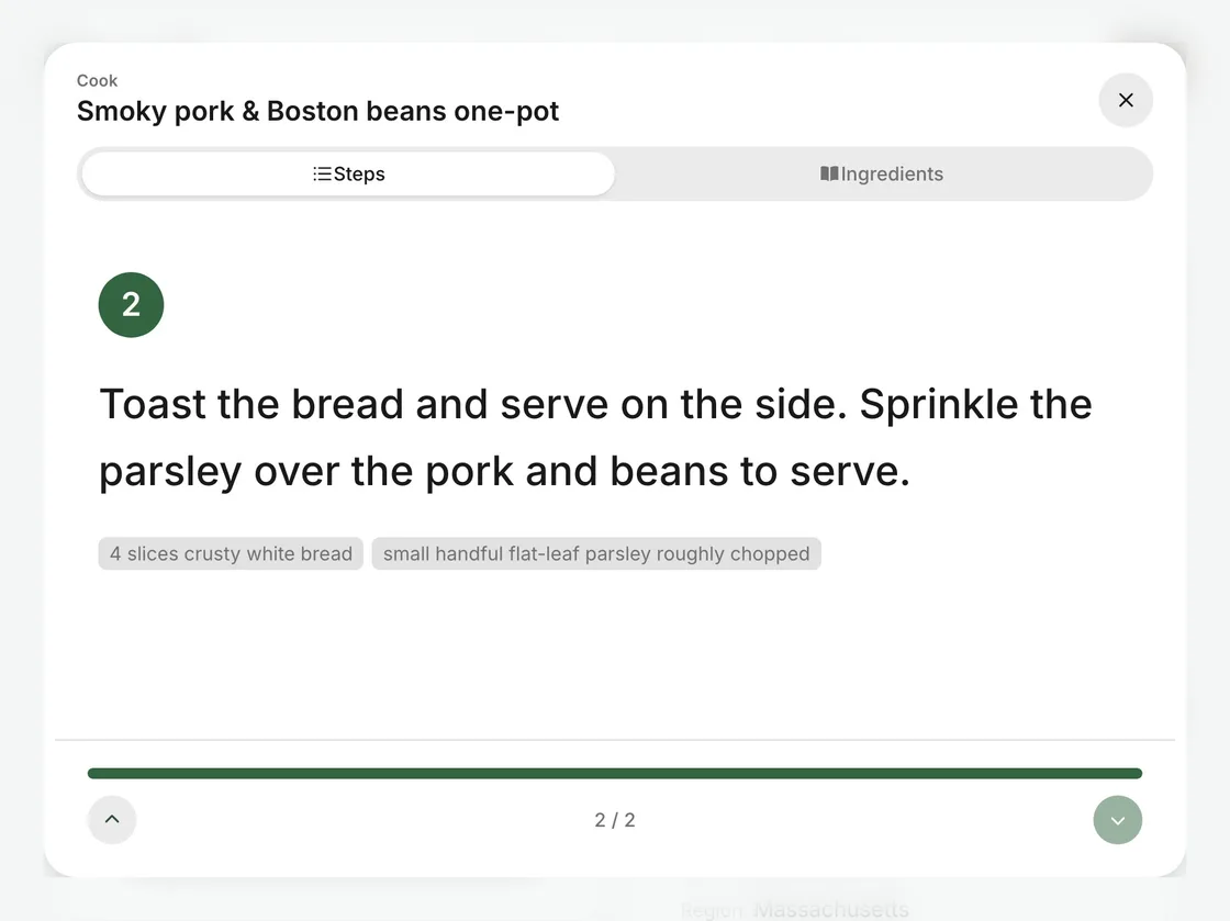 Cooking mode in Norish: one step filling the screen, with the ingredients it uses beneath it