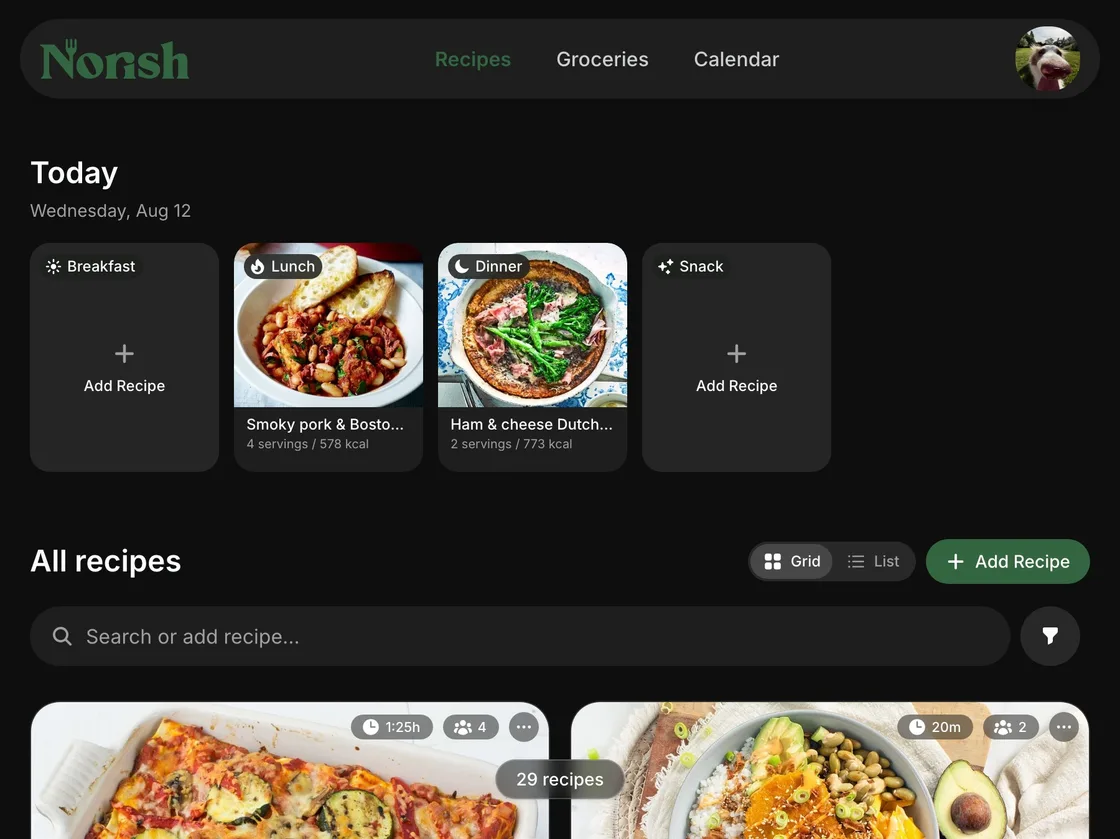 The Norish home screen: today's planned meals above a searchable grid of saved recipes
