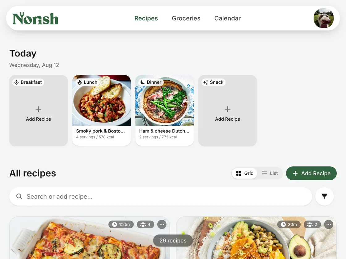 The Norish home screen: today's planned meals above a searchable grid of saved recipes