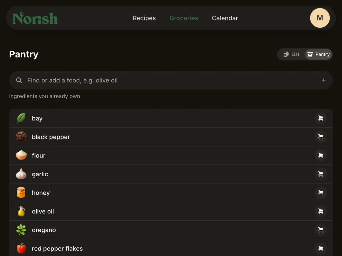 The Norish Pantry: the foods the household already has, each with its icon