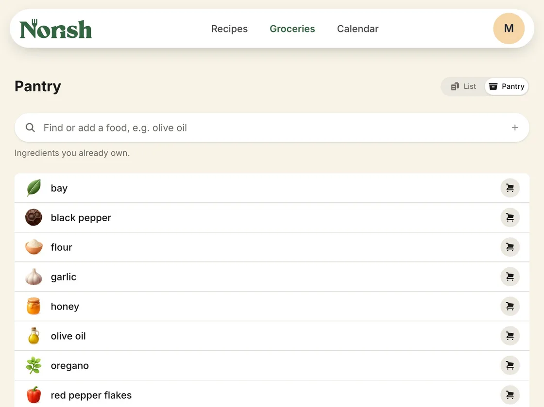 The Norish Pantry: the foods the household already has, each with its icon