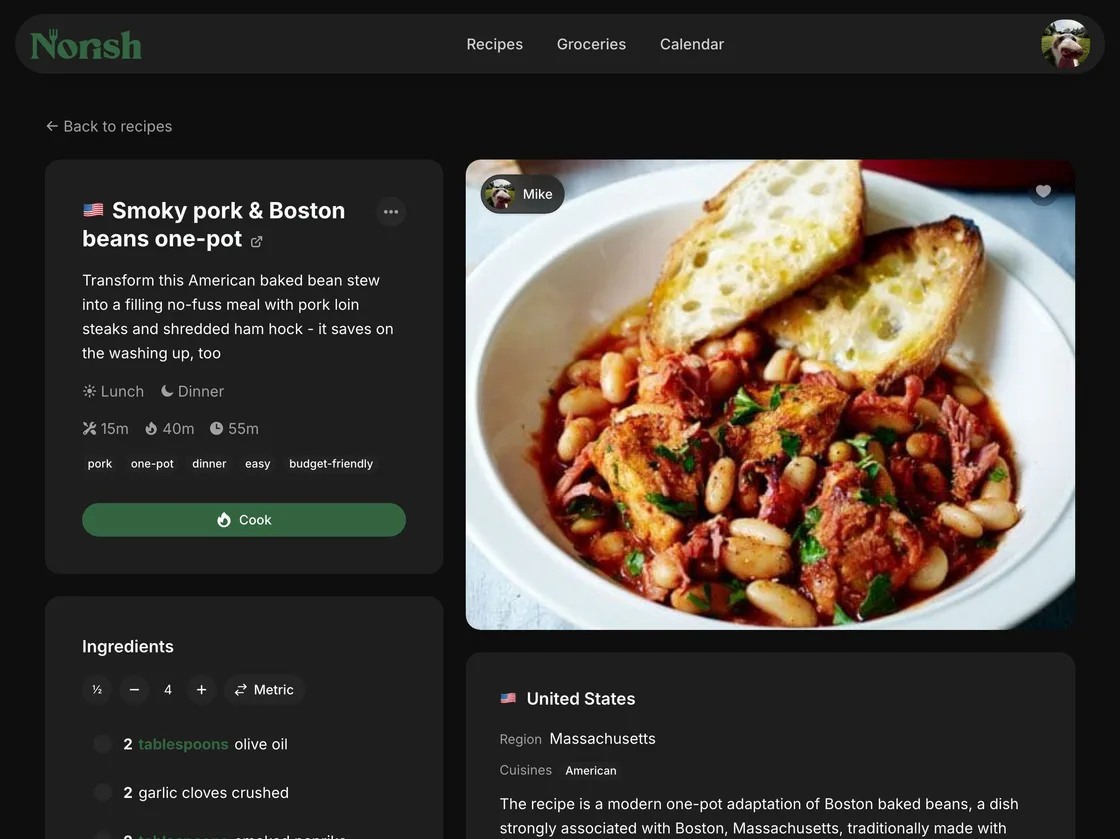 A recipe page in Norish, with scaled ingredients beside the steps