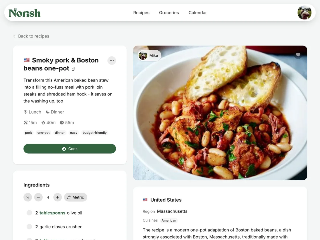 A recipe page in Norish, with scaled ingredients beside the steps